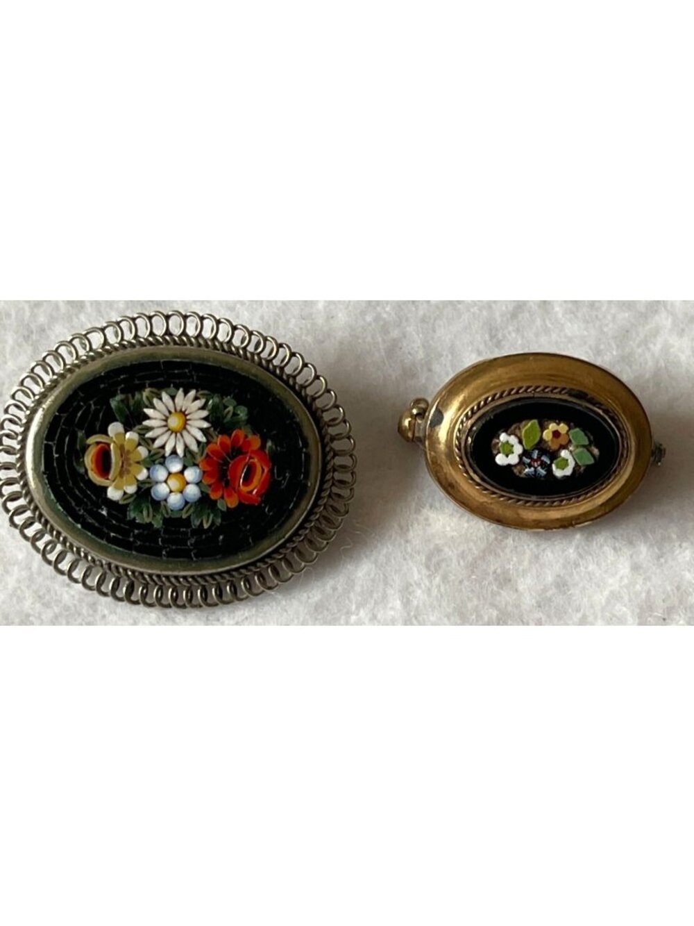 Two Vintage Italian Micro Mosaic Brooches Floral Design Gold & Silver Tone Oval